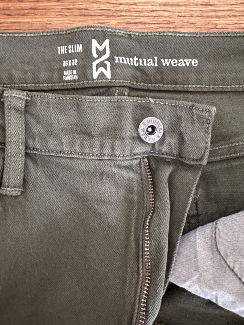 MENS GREEN MUTUAL WEAVE JEANS 36X32 99% COTTON